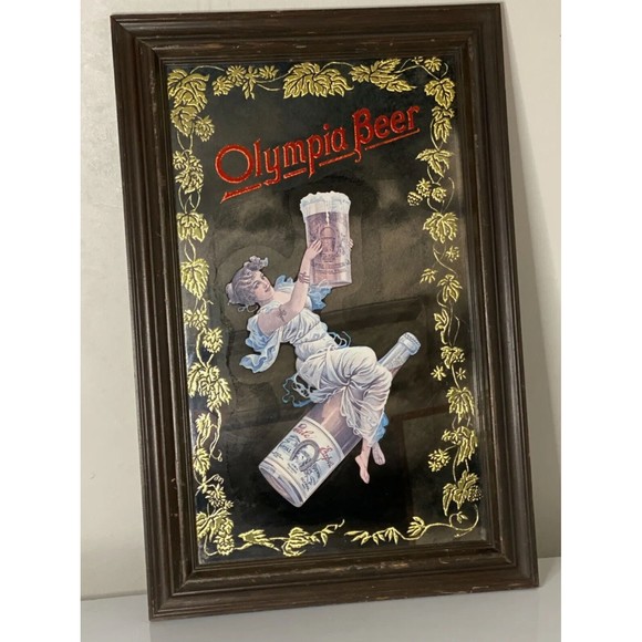 Vintage Olympia Girl Beer Advertising Bar Acid Etched Mirror Framed Lucid Lines